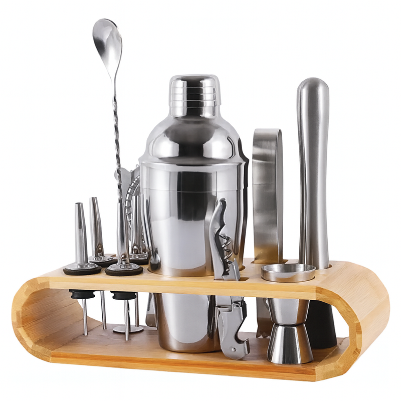 Kit Coqueteleira Profissional em Aço Inox com Suporte 12 Peç