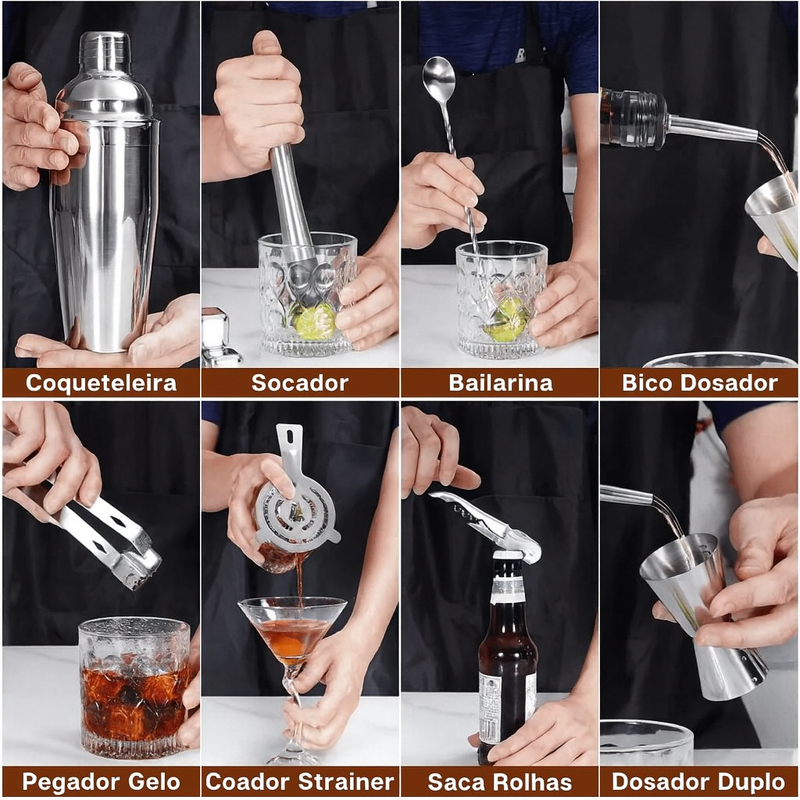 Kit Coqueteleira Profissional em Aço Inox com Suporte 12 Peç