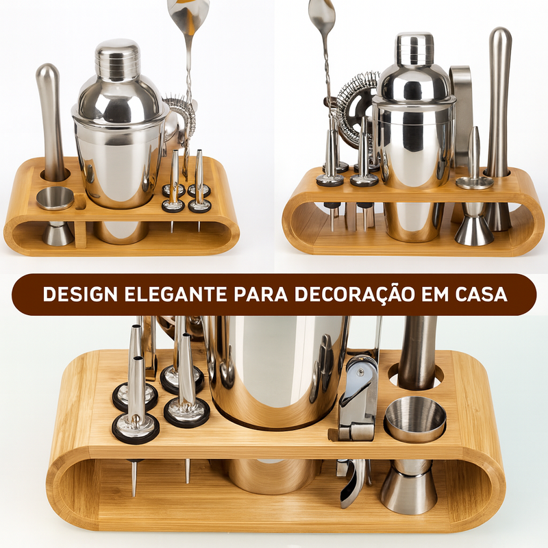 Kit Coqueteleira Profissional em Aço Inox com Suporte 12 Peç