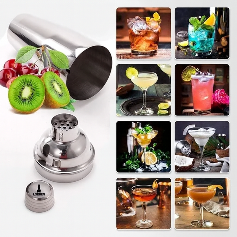 Kit Coqueteleira Profissional em Aço Inox com Suporte 12 Peç