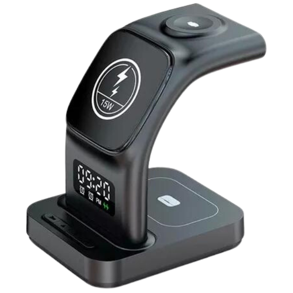 Base Carregador Sem Fio 5 em 1 com Relógio – Tecnologia, Estilo e Praticidade